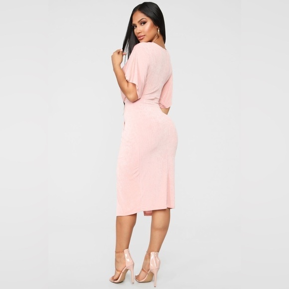 NWT Fashion Nova Sz Medium Pink V-Neck Dolman Sleeve Front Split Ruched Dress - Picture 4 of 12